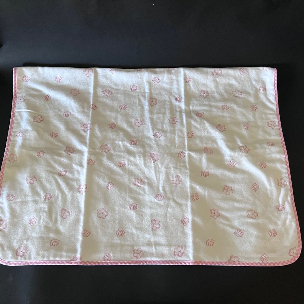 Pottery Barn Kids Blanket Cotton White Pink Gingham Trim Flowers Blocks 25x36" - Picture 7 of 8